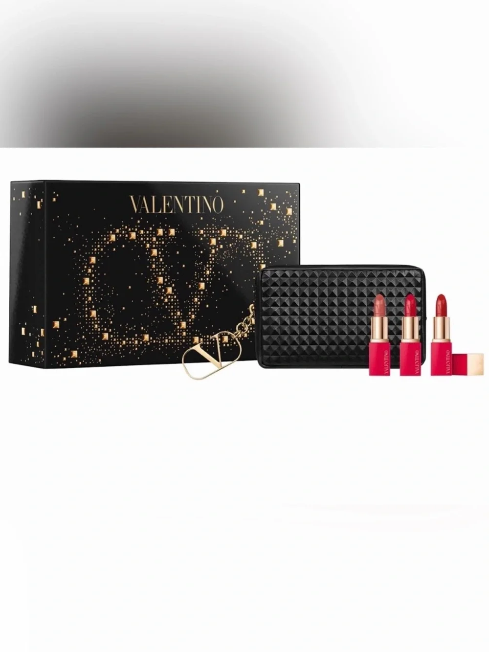 NIB Limited edition VALENTINO Mini Rosso Lipstick Trio w/ black studded bag.